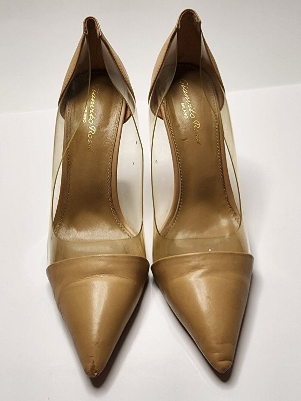 Gianvito Rossi Plexi Pump — Nude/Camel Leather + Clear PVC, EU 38 / US 8